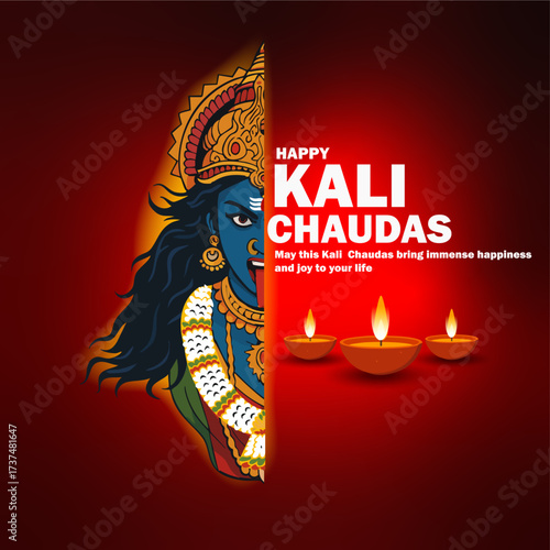 Happy Kali Chaudas Greeting with Goddess Kali Illustration and Oil Lamps