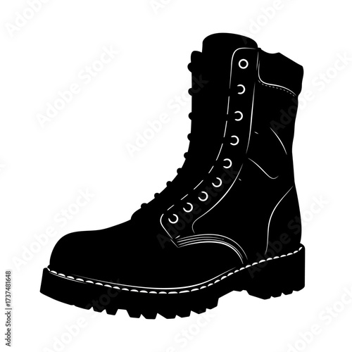 High-top black combat boot with laces and thick sole ready for action silhouette flat design vector illustration white background