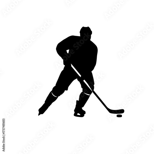 Dynamic silhouette of a hockey player in action skating and shooting a puck silhouette flat design vector illustration white background