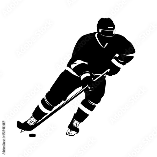 Dynamic silhouette of a hockey player skating and ready to shoot the puck silhouette flat design vector illustration white background