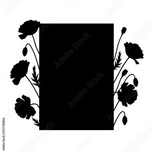 Elegant poppy floral frame design silhouette for declarative titles and invitations silhouette flat design vector illustration white background