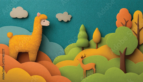 Enchanting Paper Cut Landscape with Golden Llama Deer and Dreamy Clouds in a Textured Scene