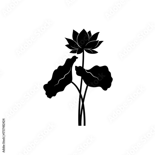 Elegant silhouette of a blooming lotus flower with large leaves in artistic black and white silhouette flat design vector illustration white background