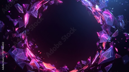 A dark center framed by glowing, fractured crystalline shards of varying sizes with a gradient of purples and pinks