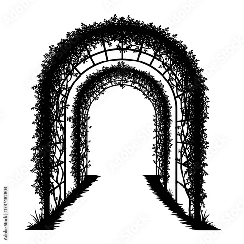 Enchanting garden archway covered in lush greenery and flowers leading to a path silhouette flat design vector illustration white background
