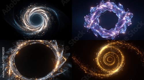Four abstract swirling formations. Each glows, with particle effects, varying shapes and colors, against black