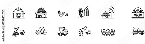 Farm Icons Set in Line Style Featuring Barns Chickens Tractor Eggs and Agricultural Elements Representing Rural Life