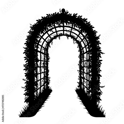 Elegant black archway silhouette detailed with lush foliage for garden and event decor silhouette flat design vector illustration white background