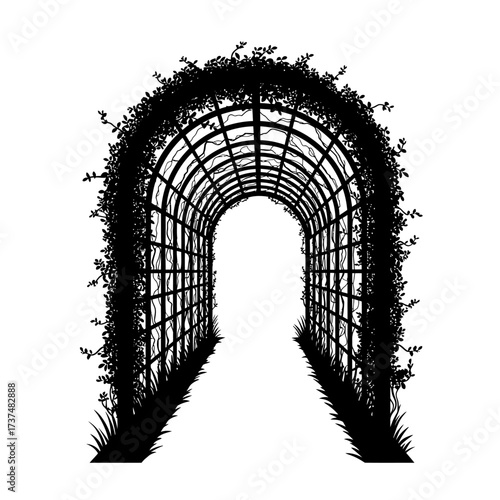 Archway garden tunnel silhouette botanical entrance lush greenery overgrown path outdoor silhouette flat design vector illustration white background