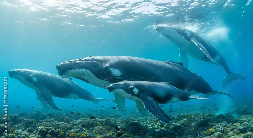 Obraz premium Humpback Whales Swimming Together in Clear Ocean Waters.