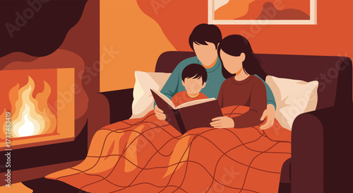Family Reading a Book by the Fireplace.