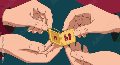 Four hands exchange a small golden locket with family icons.