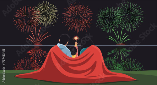 Couple Sharing Romantic Moment Under Fireworks.