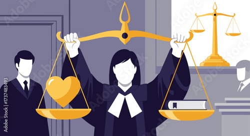 Lawyer balancing heart and book on scales of justice.