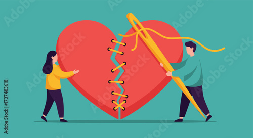 Couple Mending Broken Heart Together Symbolizing Relationship Repair.