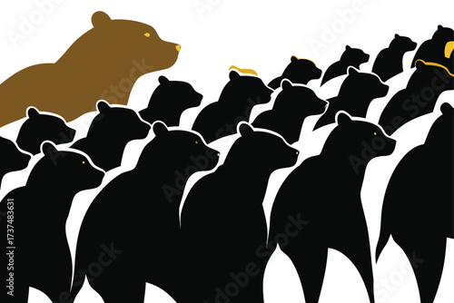 Vector illustration of a dense herd of silhouetted bear profiles marching forward scalable eps