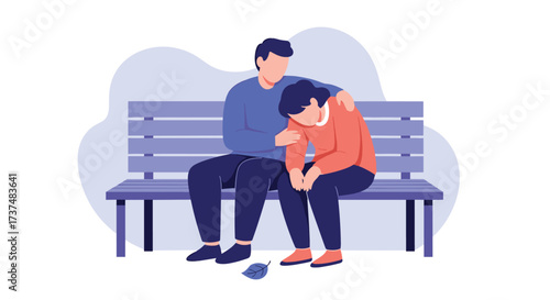 Man comforting sad person on bench with arm around shoulder.