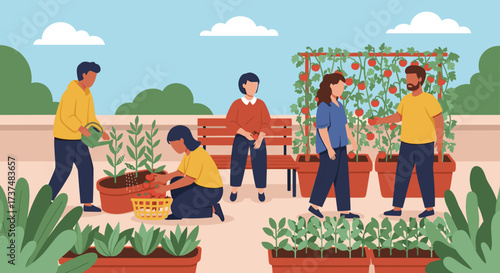 Diverse group of people tending to a rooftop garden together enjoying nature.