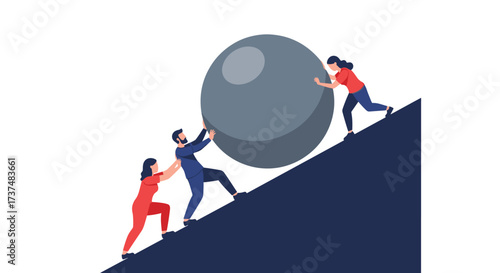 Teamwork pushing a large boulder uphill symbolizing effort and collaboration.