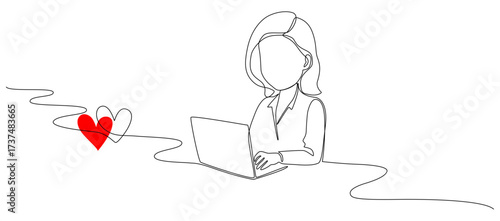 Woman with laptop computer in one continuous line drawing. Female user with dating app and heart.Searching love concept eps 10.
