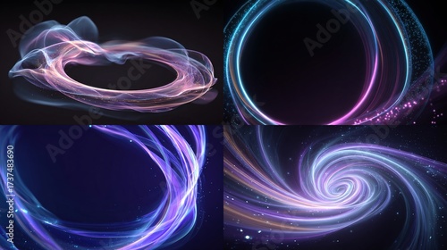 Four abstract images feature flowing, glowing lines in blues, purples, pinks, and yellows against dark backgrounds