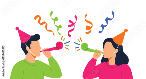 Two people celebrating with party blowers and confetti.