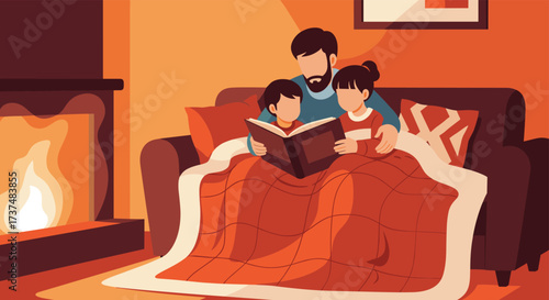 Father reading a book to his children by the fireplace.