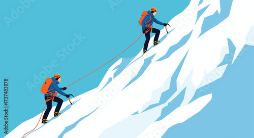Two Climbers Ascending a Steep Snowy Mountain Peak.