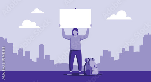 Person holding blank sign with city skyline background.