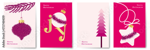 Christmas greeting card design set with glitter effect, Merry Christmas and happy new year template design, modern Christmas design with pink glitter, Xmas party invitation card, new year cover design