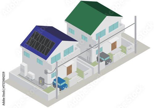 アイソメトリックなオール電化をイメージした家とそうではない家の住宅セット