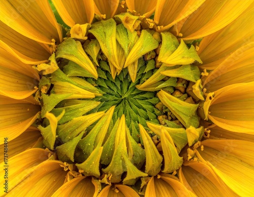 Emerging blossom green, folded center, radiating yellow tips
