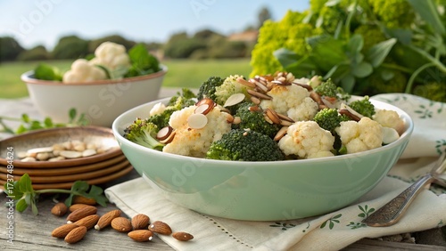 Fresh broccoli and cauliflower salad with almonds ready for a delightful outdoor feast among vibrant greenery