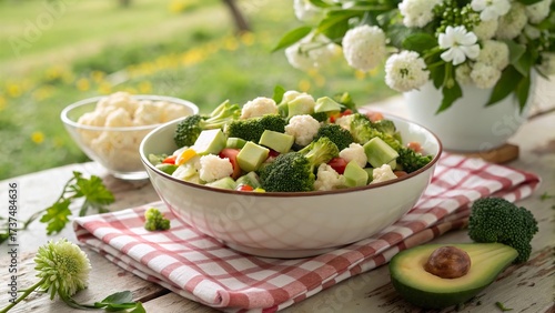 Freshly prepared broccoli and cauliflower salad with creamy avocado on a rustic wooden table surrounded by vibrant greenery