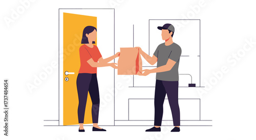 E-commerce Logistics: Delivery Man Giving Paper Bag Order to Female Client.