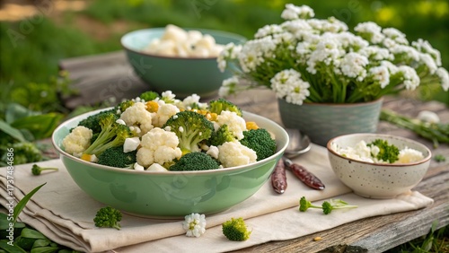 Delight in a fresh broccoli and cauliflower salad with creamy cheese crumble set in a serene garden environment