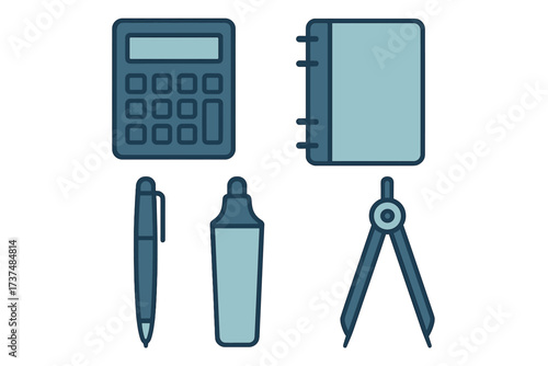 Stationery items including calculator, notebook, pen, highlighter, and compass on white background for school and office use