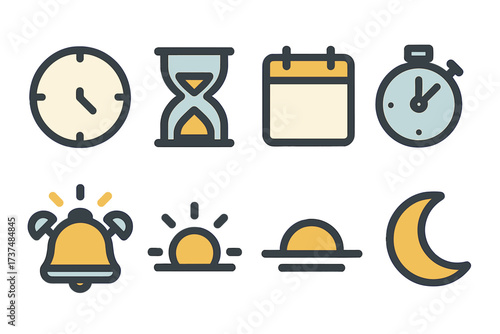 Time management icons illustrating various concepts like clocks, calendars, and alarms for effective scheduling and organization