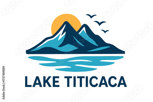 Lake Titicaca Logo with Andes Mountains, Reed Islands and High Water Horizon