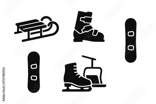 Winter sports equipment featuring sled, snowboard, ice skates, and ski boots arranged in a simple design