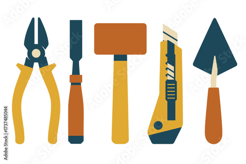 Collection of essential hand tools including pliers, chisel, hammer, utility knife, and trowel arranged in a row on a plain background
