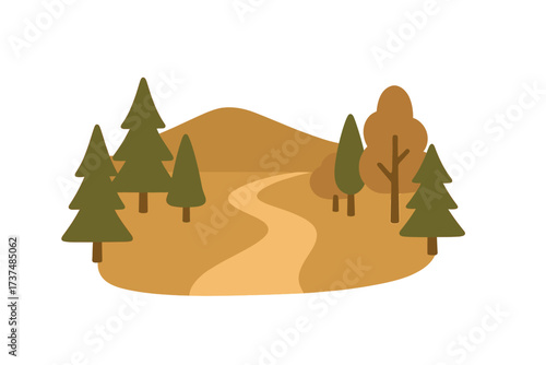 Nature scene with trees and winding path through a golden landscape in autumn