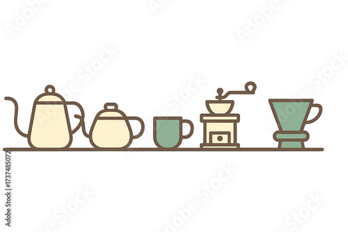 Coffee and tea brewing tools arranged neatly on a countertop, showcasing their unique designs and functions