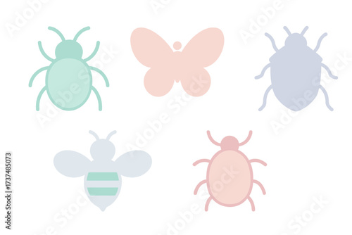 Cute pastel insect illustrations featuring a butterfly, bee, and various bugs against a simple background