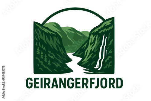 Geirangerfjord Logo with Steep Cliffs, Waterfalls and Narrow Norwegian Fjord