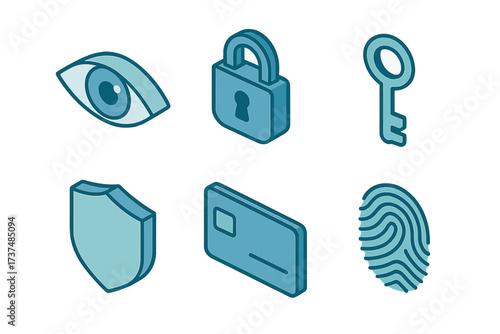 Security symbols including an eye, lock, key, shield, credit card, and fingerprint on a simple background