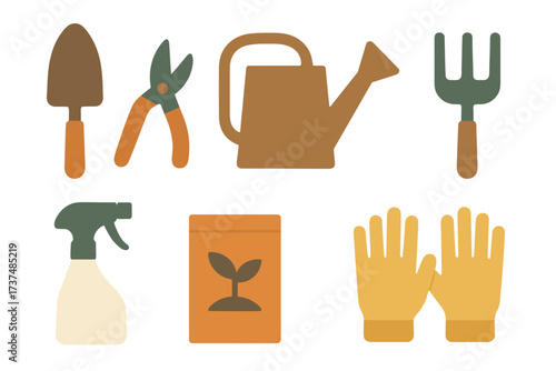 Gardening tools and supplies arranged neatly for planting and caring for plants during the spring season