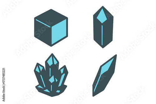 Different shapes and styles of blue crystals displayed together on a white background