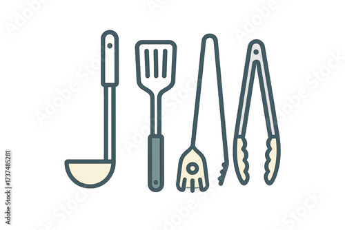 Essential kitchen tools for cooking and food preparation showcased in a simple, clean design