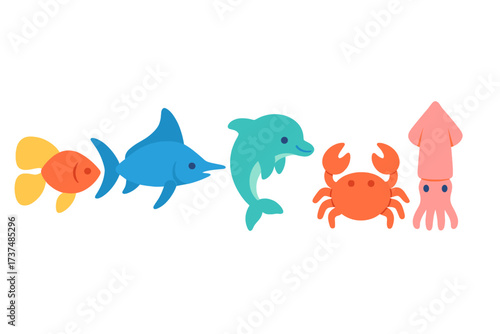 Colorful underwater animals including fish, dolphin, crab, and squid swimming in an ocean scene